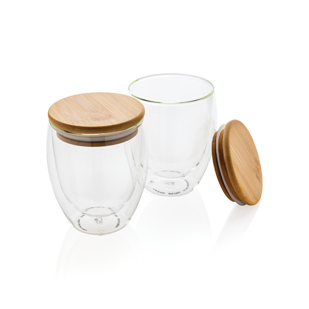 XD Collection Double wall borosilicate glass with bamboo lid 250ml 2pc set