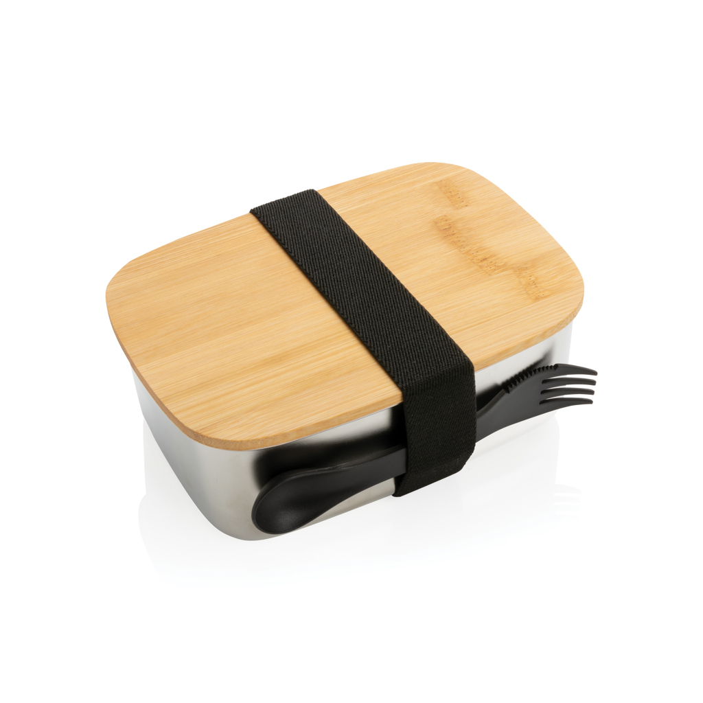 XD Collection Stainless steel lunchbox with bamboo lid and spork