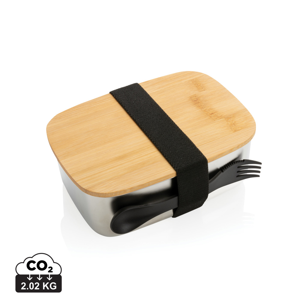 XD Collection Stainless steel lunchbox with bamboo lid and spork